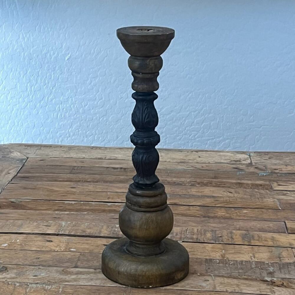 Antique Candle Holder Hand Carved Cast Iron and Wood 12.8" Rustic Cottage